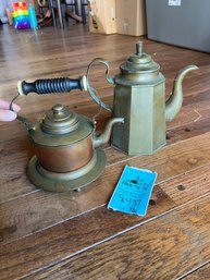 Copper And Brass Tea Kettle On Fitted Trivet And Upright Tea Or Coffee Pot Stamped On Bottom