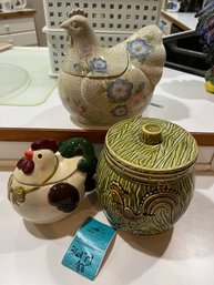 R10 Rooster Themed Cookie Jars. Two Have Lids Siliconed Down