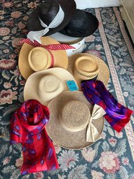 R6 Collection Of Straw Hats, Two Scarves And Hat Box