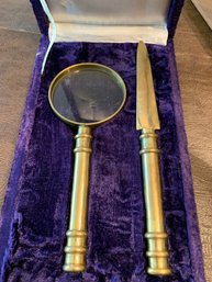 Littler Excalibur Knife In Wooden Box, Gerber Legendary Blades Utensil Set In Wooden Box, Magnifying Glass Set