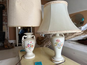 R6 Vintage Porcelain Lamps With Shades.  Both 13.25 To Top Of Lamps Sockets
