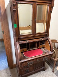 R6 68in Antique Wooden Secretary Style Desk With Hutch