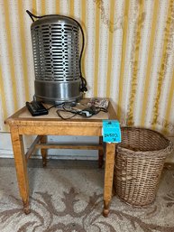 R8 Small Upholstered Top Table/ Stool, Wicker Basket, Vintage Space Heater, Personal AM/FM Radio