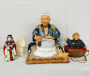 BNH Vintage Hakata Doll Japanese Man, Baby In Hanging Basket, Elephant, Chinese Wiseman Statue