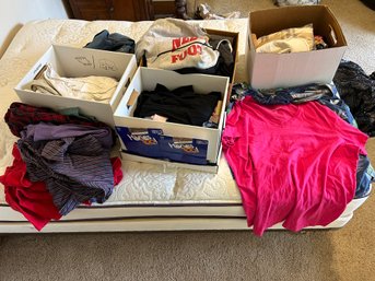 R9 Four Boxes Of Womens Clothes, Hats, Jeans, Shirts, Sweaters