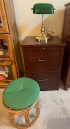 Small Filing Cabinet, Green Lamp And Green Stool