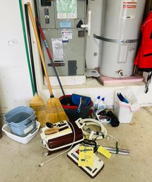 RM0 Cleaning Lot To Include Vintage Eureka Vacuum, Brooms, Pails, Cleaners, Trash Bags, Trash Can
