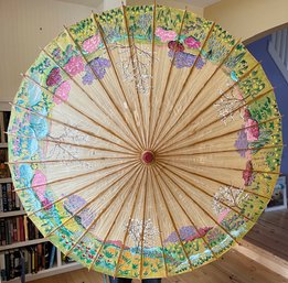 R1 Vintage Possibly Rice Paper And Bamboo Handpainted Parasol
