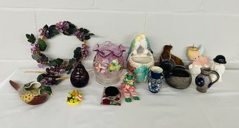 BNH Lot Of Knick Knacks, Hanging Wreath, Hanging Bird Pot,  Swan Pot, Quail, Hanging Walrus