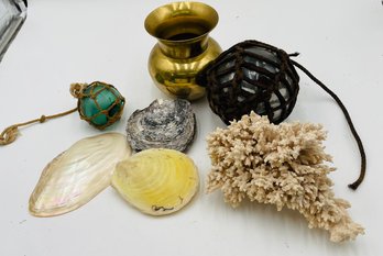 R2 Collection Of Seashells Including Coral,  Glass Balls One With Water In It, A Gold Colored Vase