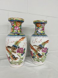 BNH Two Vintage Cloisonné  Vases Birds And Flowers 14 Inch Raised Gold Outlines Multicolor