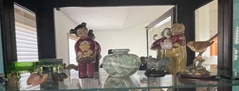 Asian Art Figurines Of Mixed Materials  And A Jade Vase