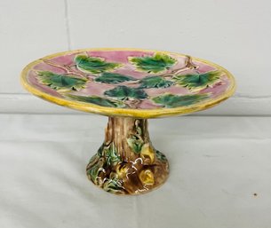 BNH Majolica Etruscan Maple Leaf Cake Stand Circa 19TH Century 9in Round 5.5in Tall