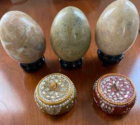 Three Crystal Eggs And Two Mosaic Trinket Boxes