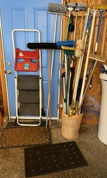 R0 Step Ladder, Push Brooms, Mops, Curtain Rod, Redi Shades, Screen Remnants, Wicker Basket, Floor Mats