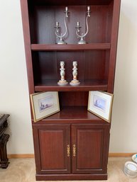 Bookshelf With Lower Cabinet, Artwork, Ornate Candlesticks, Delft Polychrome Candlesticks