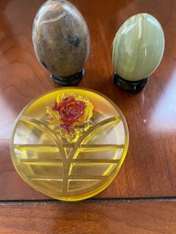Two Crystal Eggs And A Dated Rose Themed  Paperweight