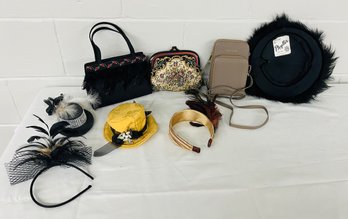 BNH Lot Of Hats And Fascinators Phyllis Feather Hat,Carryluxy Purse, Vintage Floral Bag, Sasha Bag