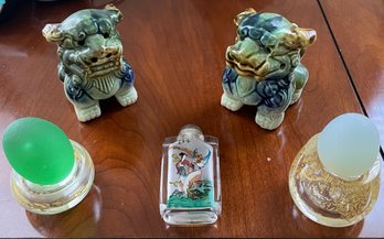 Chinese Foo Dog Pair Figurines, Two Crystal Eggs, Glass Bottle