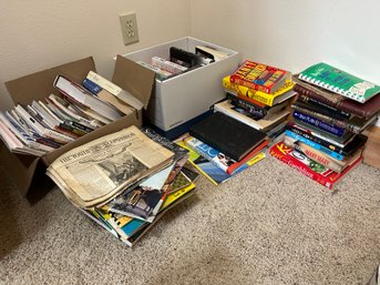 R6 Big Book Lot To Include Two Boxes Of Various Books And Magazines, Stacks Of Various Books