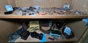 R8  Mixed Lot Of Tie Clips, Tie Pins, Lighter, Manicure Set, Vintage Transistor Radio, Belts,