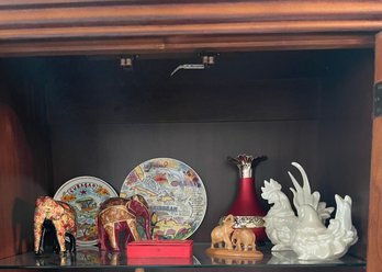 Paper Mache Elephant, Jade Roller, Glass Bird Figurines, Plates, And A Plastic Red Vase