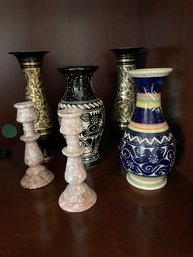 Four Vases And Two Candlestick Holders