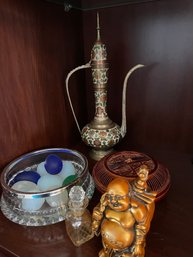 Decorative Surahi Pitcher, Buddha Statue, Glass Or Crystal Eggs In Glass Bowl