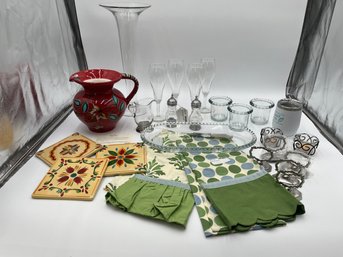 Painted Pitcher, Trivets, Kitchen Towels, Trumpet Vase, Salt And Pepper Shakers, Glassware, Glass Tray,