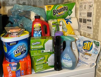 R1 Cleaning Lot To Include Laundry Basket, Napkins, Paper Towels, Bounce Dryer Sheets, Swiffer Sweeper Refills