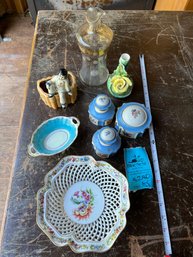 Flowered Porcelain Decorative Bowl Basket Weave, Blue Flowered Vanity Set, Glass Vase Fluted With Gold Painted