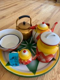 Japanese Aluminum Teapot, Slovanian Vintage Enamel Tea Pot, Mini Tea Pot, Bowl, Jug