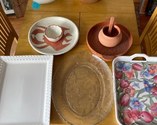 Three Platters,  A Crab Dip Plate, A Pottery Dip Platter And Bowl