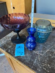Blue Vase Marked 4 On Bottom, Purple Glass  Compote On Pedestal, Blue Glass Lidded  Handled Ice Bucket