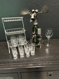 R1 Set Of Six Shot Glasses, Four Whiskey Glasses, Glass Rack, Wine Glass, Decorative Moose Wine Bottle