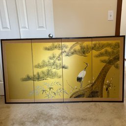 R8 Vintage Japanese Byobu 4 Panel Silk Hand Painted Crane Lotus