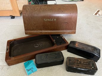 R1 Wooden Singer Sewing Machine Case With Key And Three Boxes Of Sewing Machine Accessories