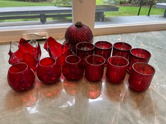 R7 Lot Of Red Glasses And Candle Holders