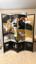 R5 Hand Painted Crane Birds Elements On Wood 4 Panel Room Divider