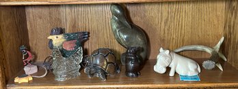 R1 Animal Figurines Including Hippo, Bird, And Turtle Sculptures, And Decorative Antler Piece