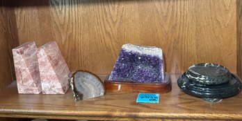 R1 Purple Amethyst On Wood Stand, Marble Trivet Trays, Set Of Two Orange Stone Bookends, Decorative Crystal