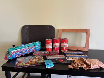 R12 Vintage Art Supplies, Tin Train Toy, Leather Scraps, Homemade Framed Glass, Vintage Chalk Board