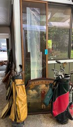 Large Wall Art  Panoramic Photo (plexiglass) And Wood Golfer Signage, Yeo Golf Bags With Various Drivers