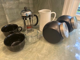 R4 French Press Coffee, Two Pitchers, Two Black Soup Mugs, One Glass Mugs, Two Black Jars, One With Tea Bags