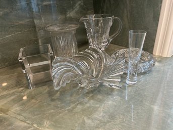 R4 Lot Of Glassware To Include A Large Pitcher, Glass Bowls With Unique Designs, And Vases