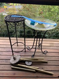 R0 Outdoor Metal And Glass Bird Bath, Windchimes, Metal Outdoor Plant Stand