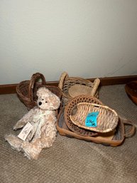 R1 Longaberger Basket And Collection Of Other Wicker Baskets And Nesting Basket Set, Vintage Teddy Bear