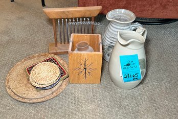 R1 Two Water Pitchers, Decorative Wooden Snowflake Box, Serving Trivets, Coaster, Other Items