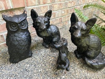 R00 Yard Decor Lot To Include Owl Statue, Two Fox Statues, Squirrel Statue