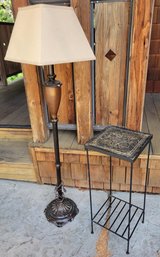 R0 Metal Floor Lamp,Carved Wooden Plant Stand Side Table